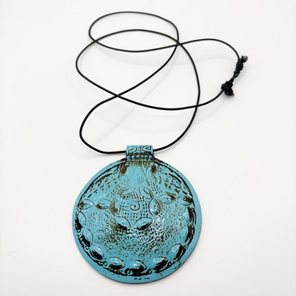 Blue Medallion Pendant Black Elastic Necklace 30” BOHO Chic Artisanal Ethnic